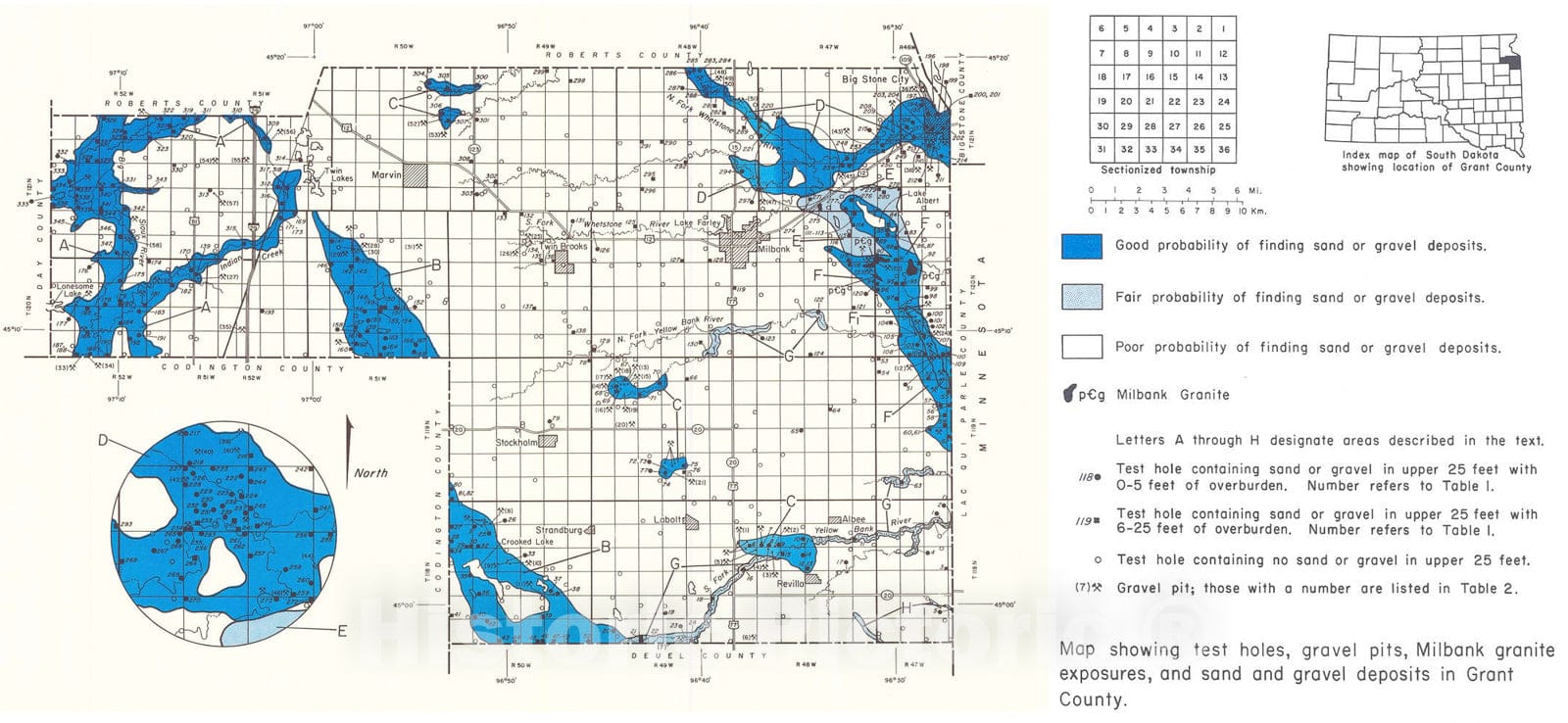 Map : Sand and gravel resources in Grant County, South Dakota, 1986 Cartography Wall Art :