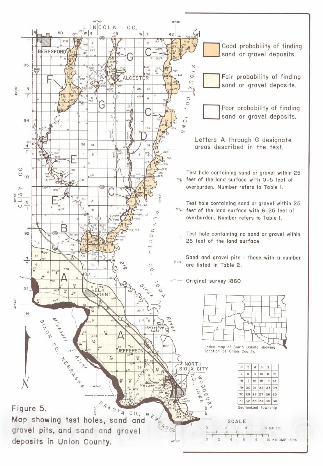 Map : Sand and gravel resources in Union County, South Dakota, 1988 Cartography Wall Art :