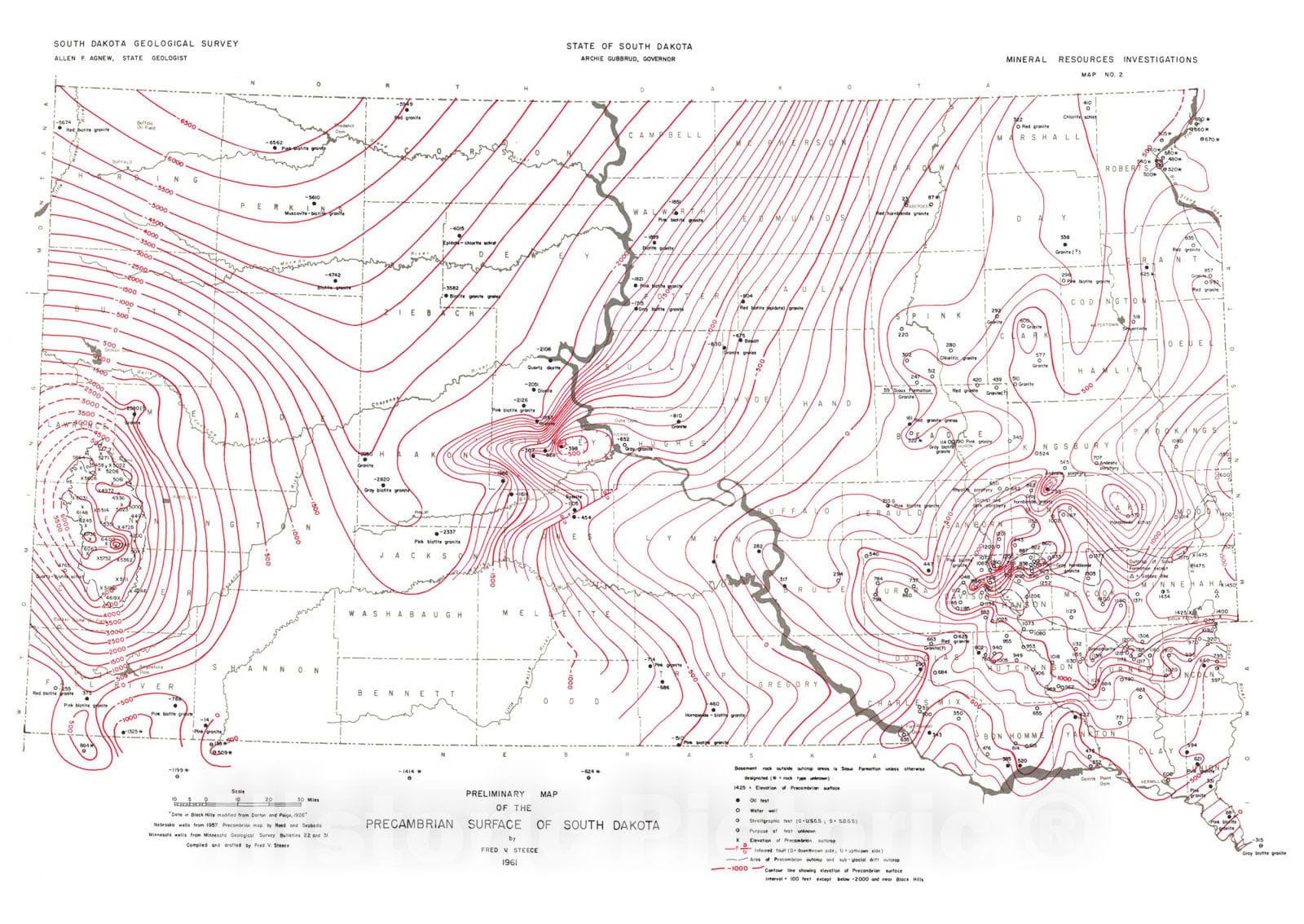 Map : Preliminary map of the Precambrian surface, 1961 Cartography Wall Art :