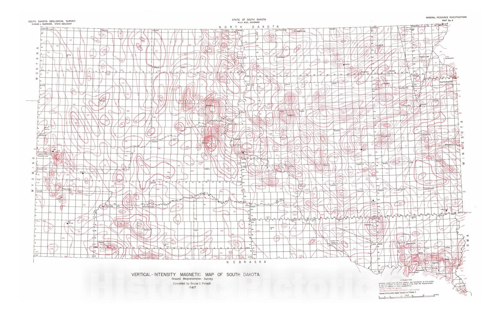 Map : Vertical-intensity magnetic map of South Dakota, ground magnetometer survey, 1967 Cartography Wall Art :