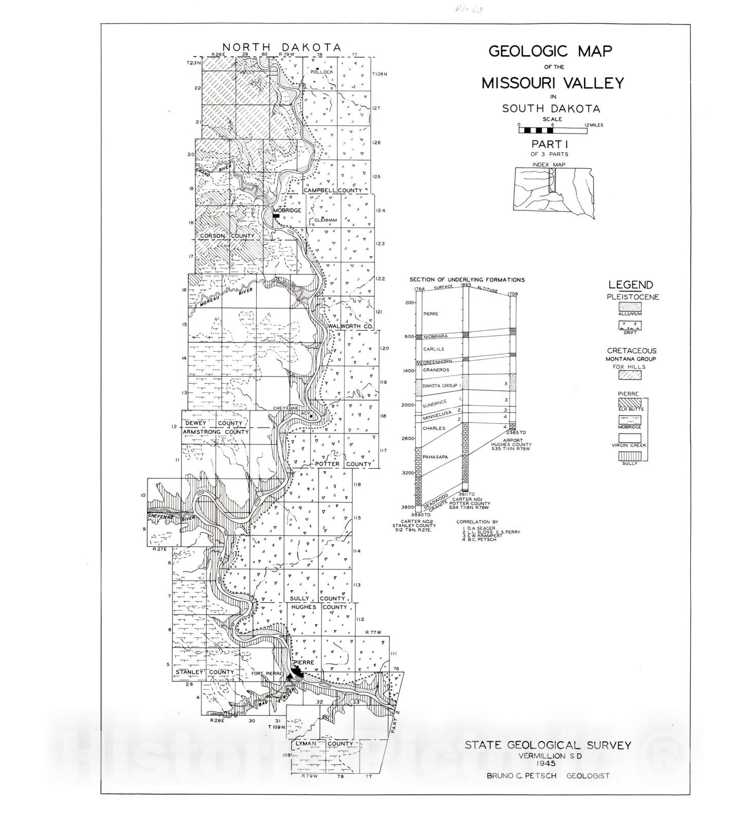 Map : Geology of the Missouri Valley in South Dakota, 1946 Cartography Wall Art :