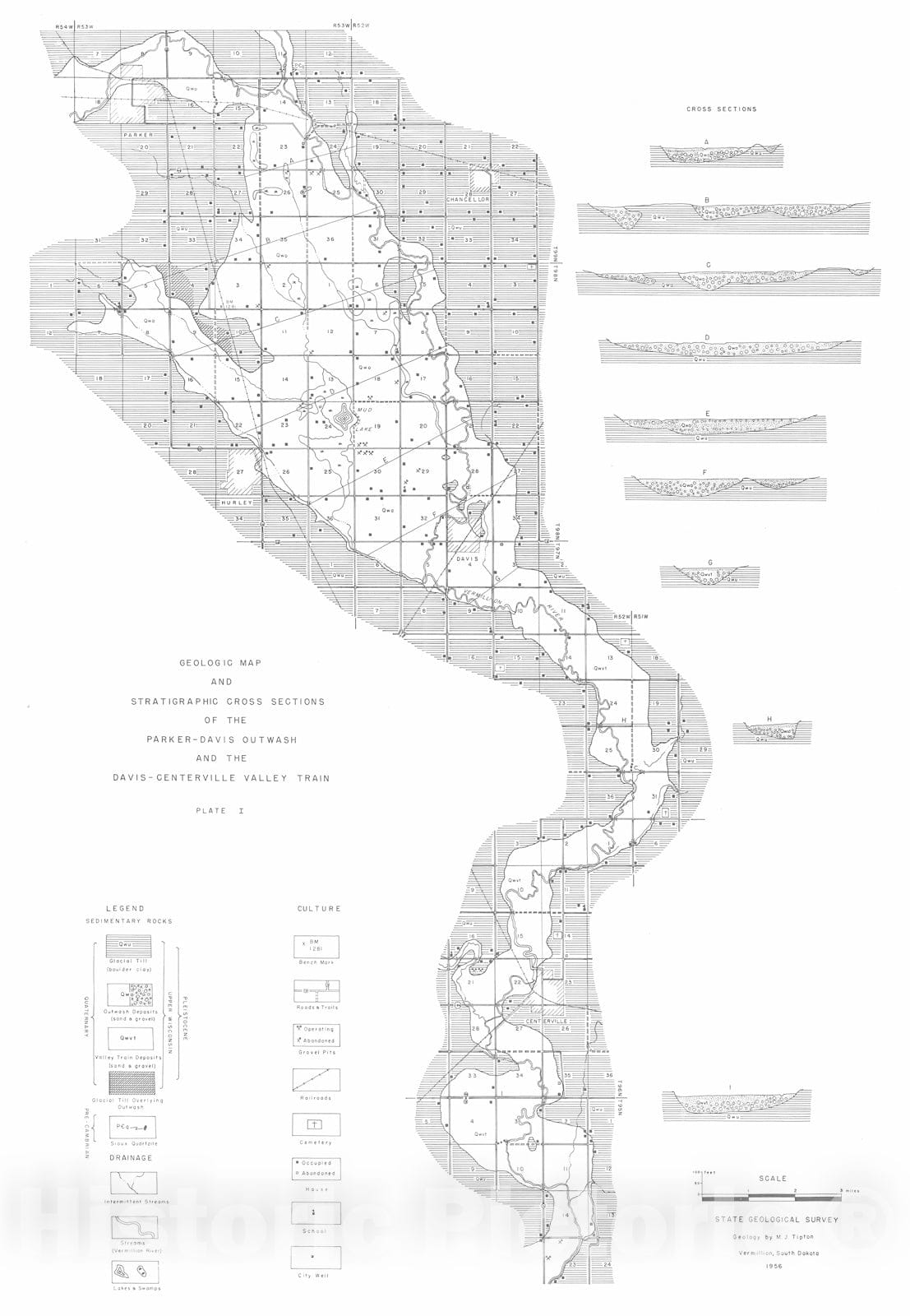 Map : Geology and hydrology of the Parker-Centerville Outwash, 1957 Cartography Wall Art :