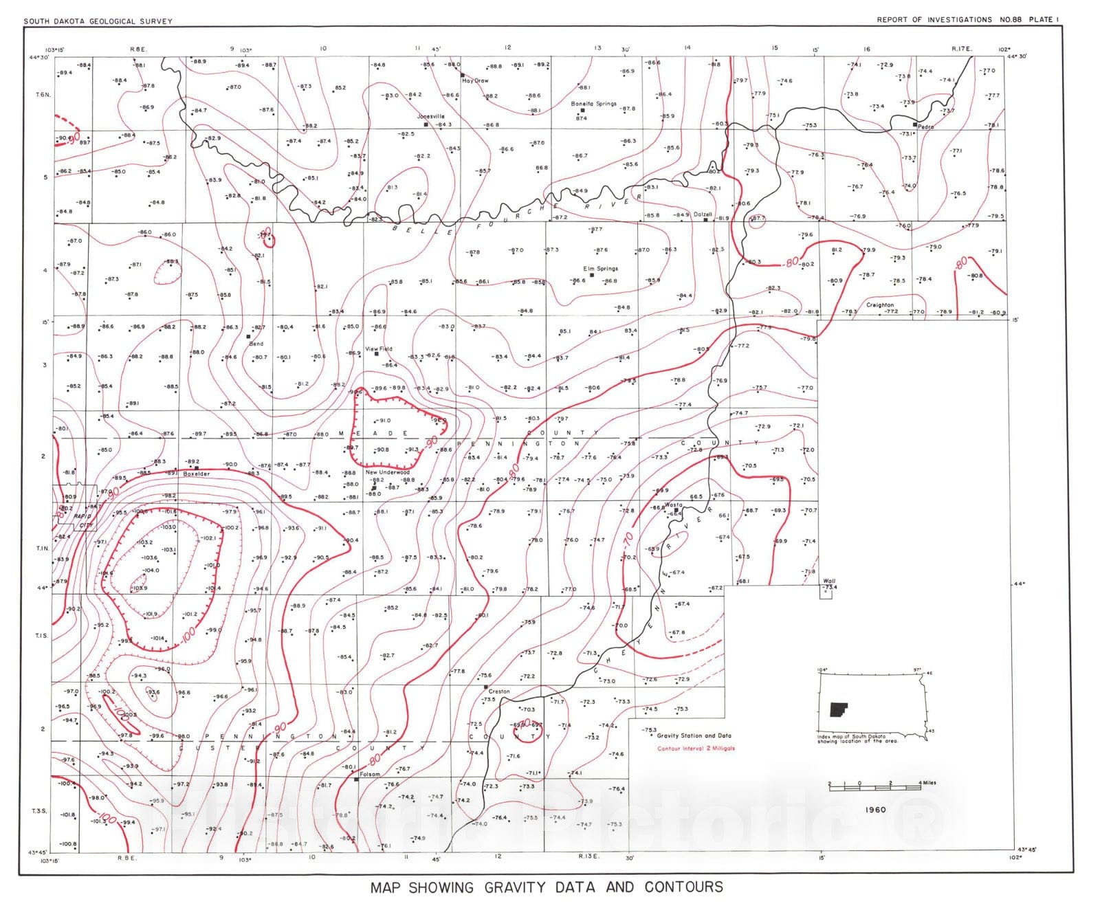 Map : Gravity measurements east of the Black Hills and along a line from Rapid City to Sioux Falls, South Dakota, 1961 Cartography Wall Art :