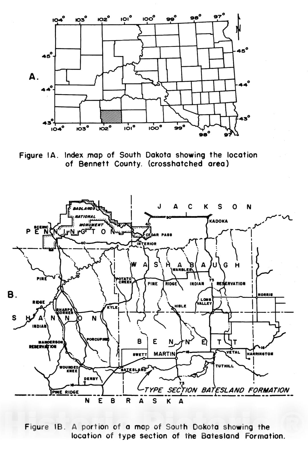 Map : Miocene Batesland Formation named in southwestern South Dakota, 1967 Cartography Wall Art :