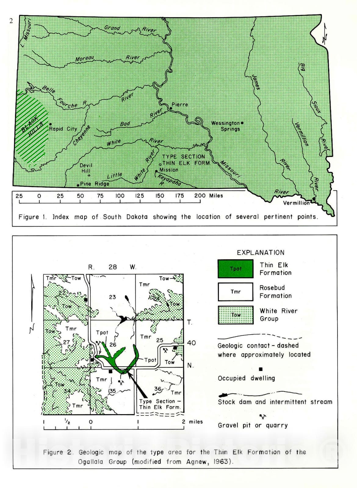 Map : Thin Elk Formation, Lower Pliocene, South Dakota, 1971 Cartography Wall Art :