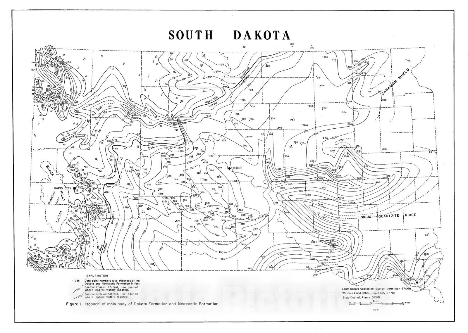 Map : Geology and hydrology of the Dakota Formation in South Dakota, 1971 Cartography Wall Art :