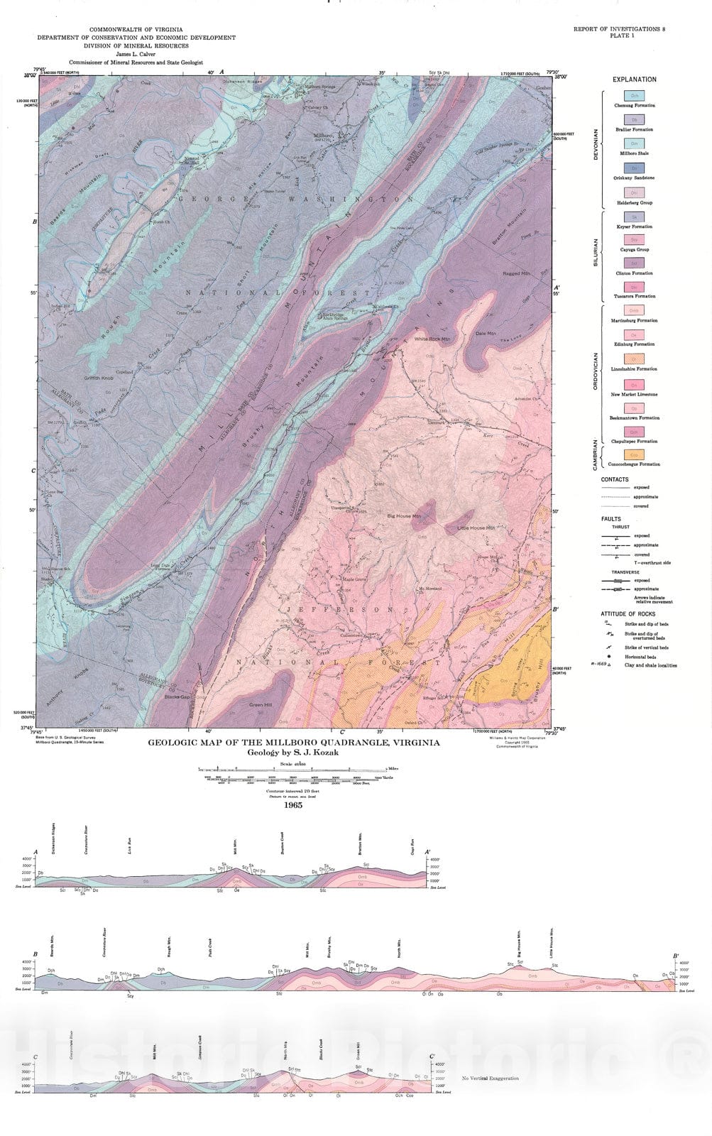 Map : Geology of the Millboro quadrangle, Virginia, 1965 Cartography Wall Art :