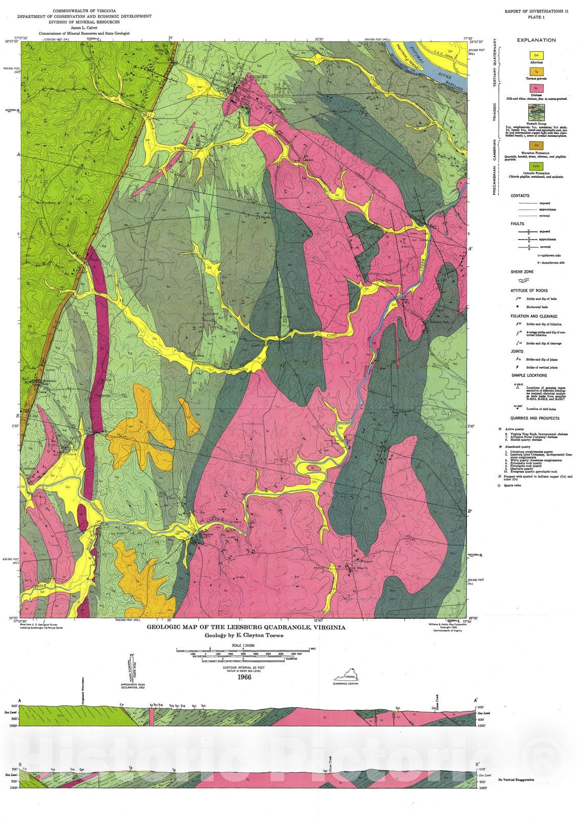 Map : Geology of the Leesburg quadrangle, Virginia, 1966 Cartography Wall Art :