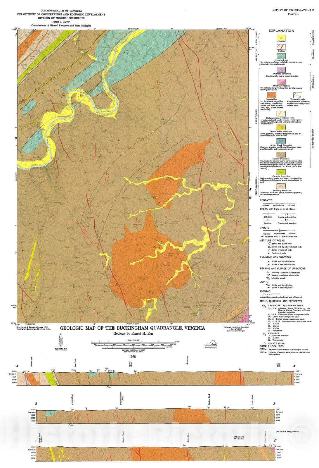 Map : Geology of the Buckingham quadrangle, Virginia, 1968 Cartography Wall Art :
