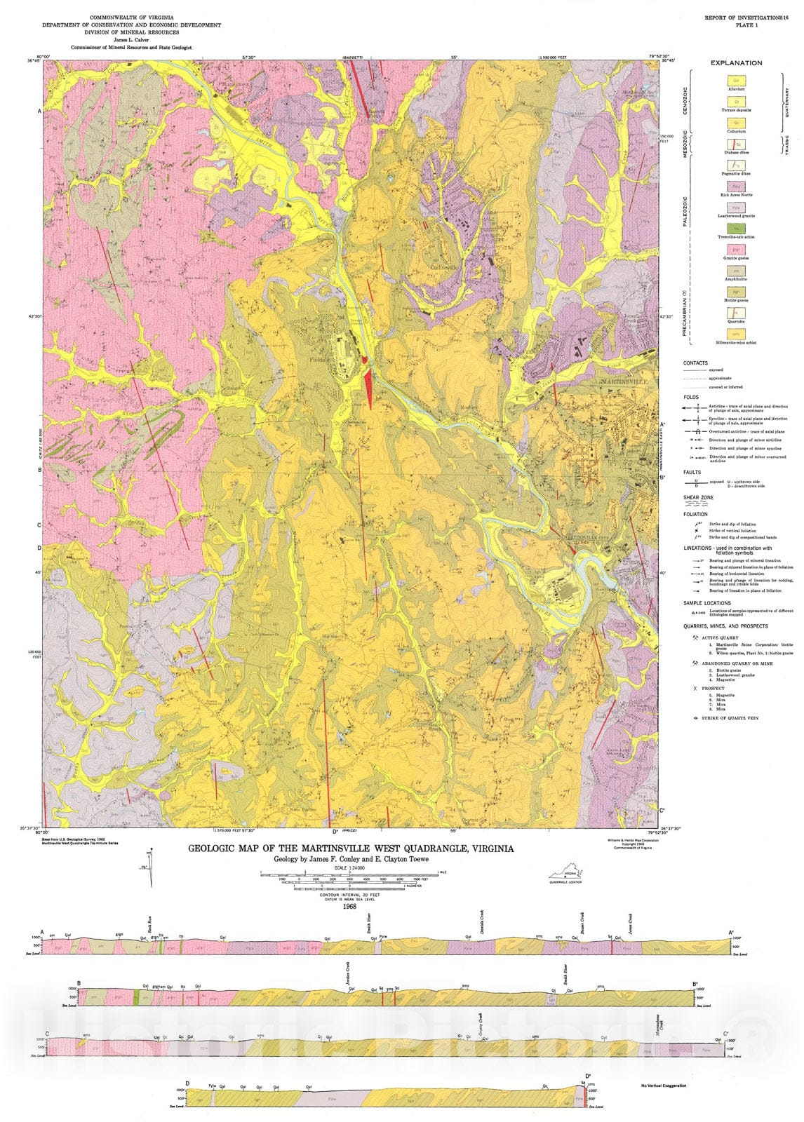 Map : Geology of the Martinsville West quadrangle, Virginia, 1968 Cartography Wall Art :