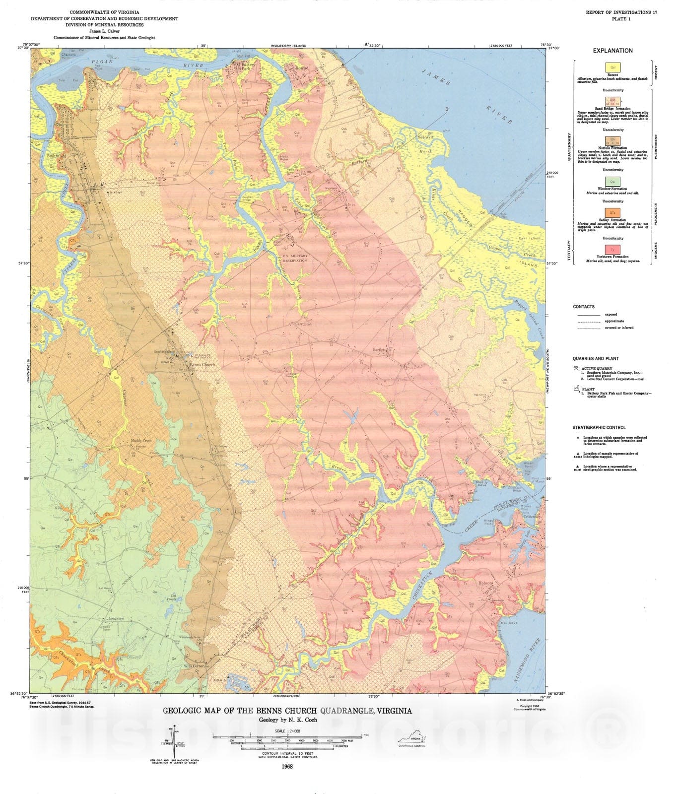 Map : Geology of the Benns Church, Smithfield, Windsor, and Chuckatuck quadrangles, Virginia, 1968 Cartography Wall Art :