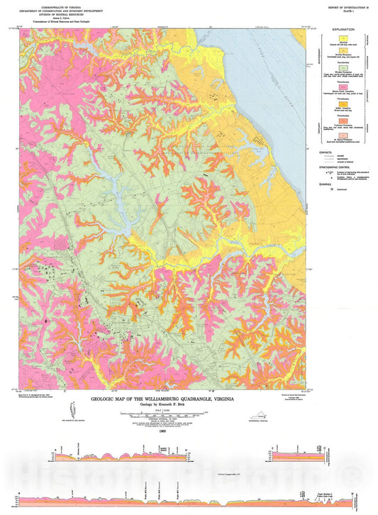 Map : Geology of the Williamsburg, Hog Island, and Bacons Castle quadrangles, Virginia, 1969 Cartography Wall Art :