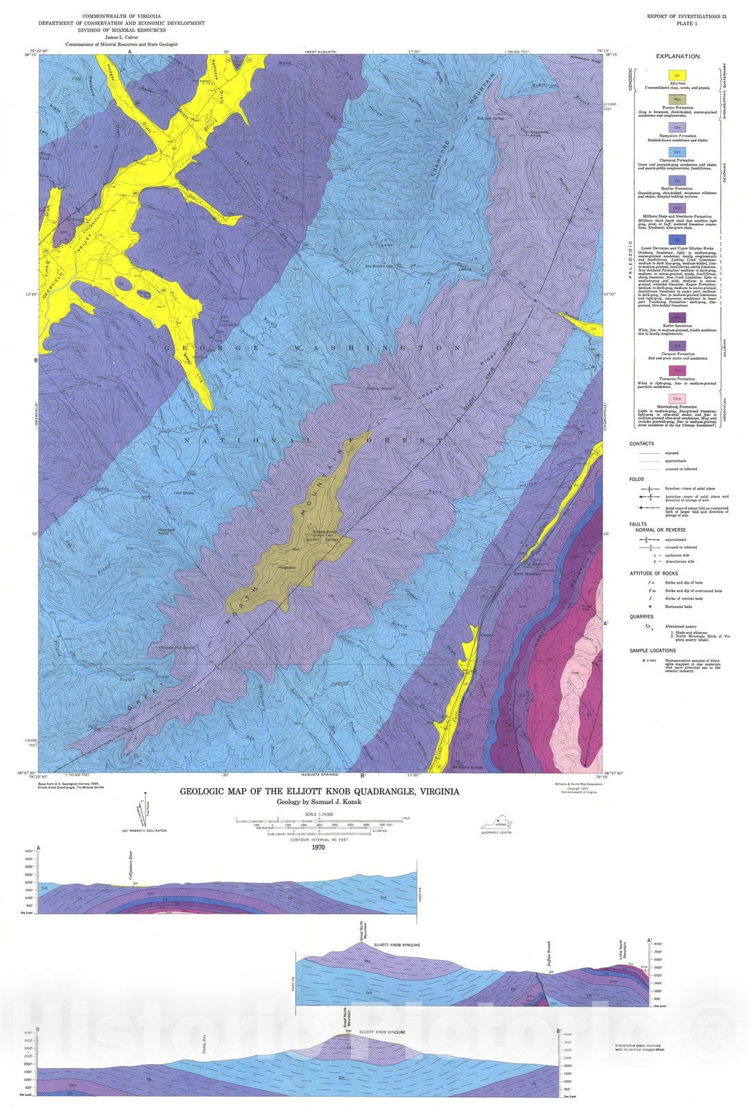 Map : Geology of the Elliott Knob, Deerfield, Craigsville and Augusta Springs quadrangles, Virginia, 1970 Cartography Wall Art :