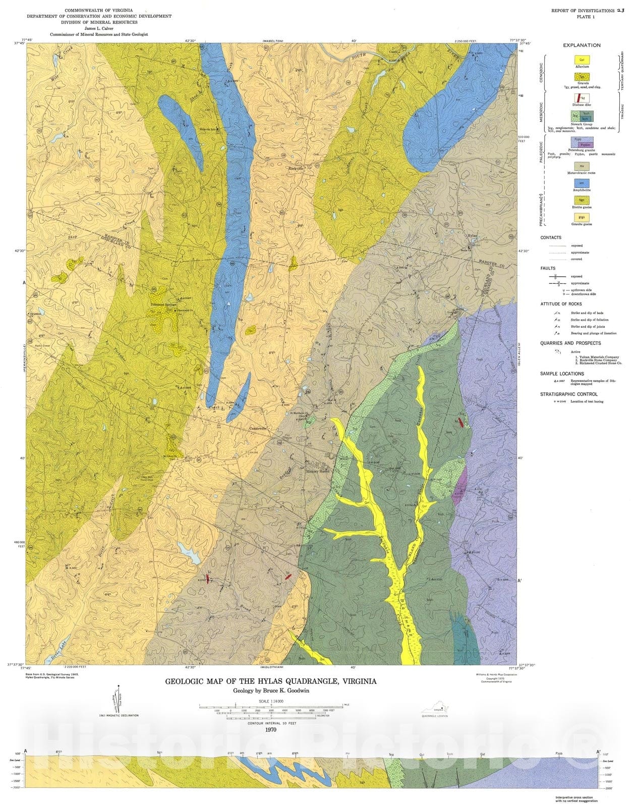 Map : Geology of the Hylas and Midlothian quadrangles, Virginia, 1970 Cartography Wall Art :