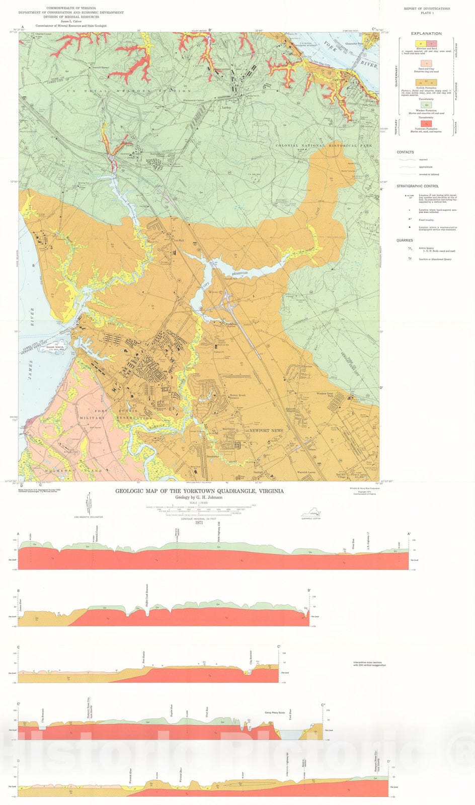 Map : Geology of the Yorktown, Poquoson West, and Poquoson East quadrangles, Virginia, 1972 Cartography Wall Art :