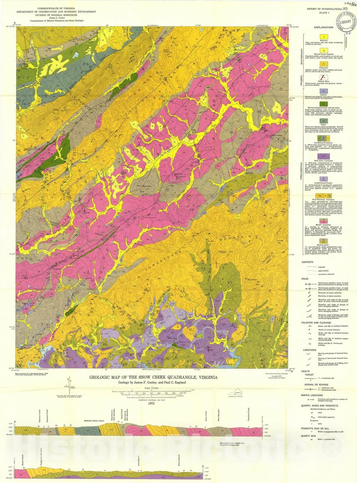 Map : Geology of the Snow Creek, Martinsville East, Price and Spray (Northwest Eden) quadrangles, Virginia, 1973 Cartography Wall Art :