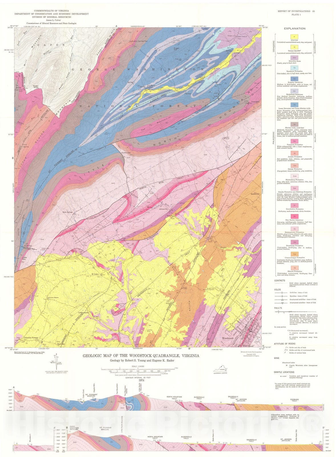 Map : Geology of the Woodstock, Wolf Gap, Conicville and Edinburg quadrangles, Virginia, 1974 Cartography Wall Art :