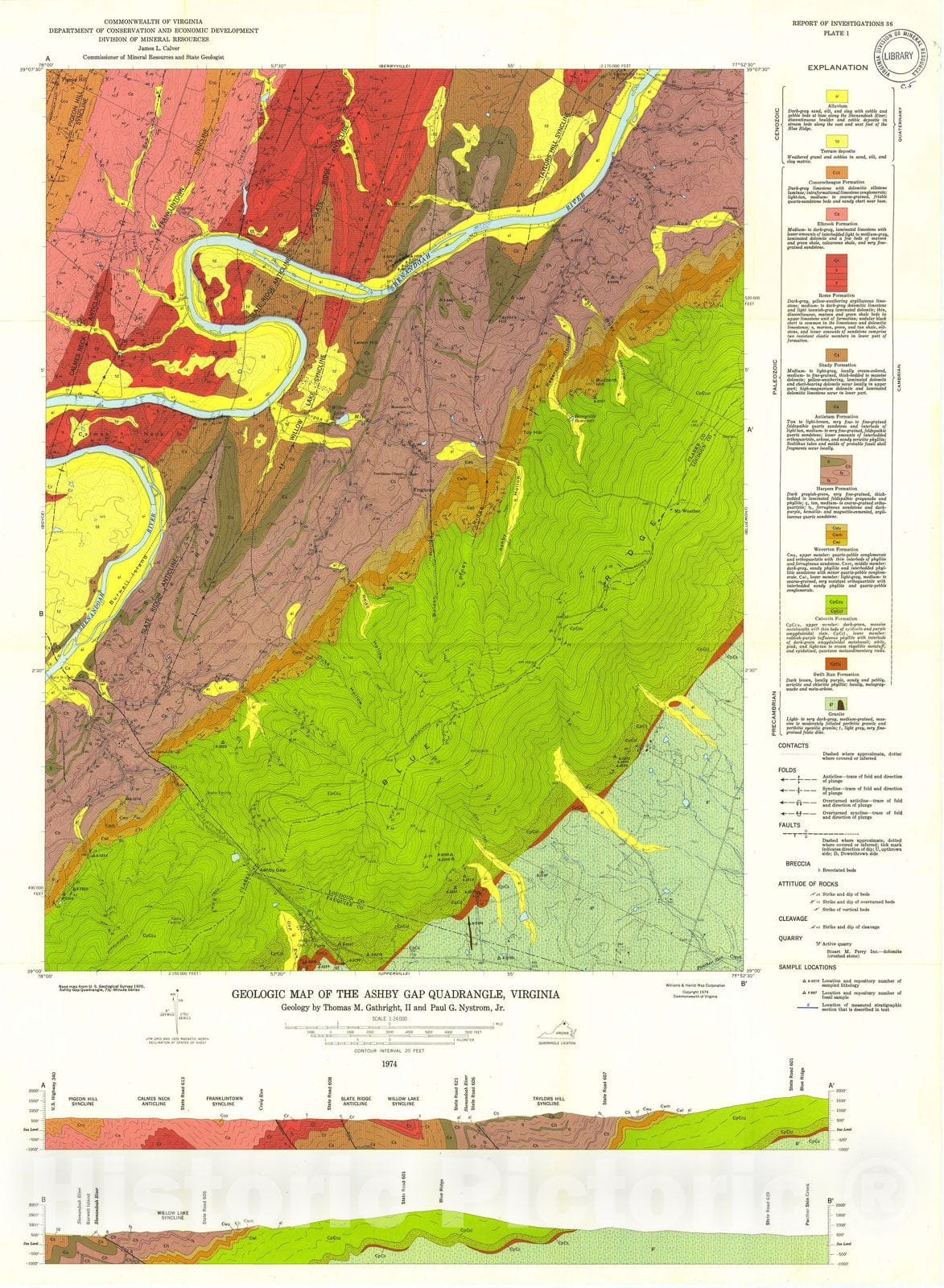 Map : Geology of the Ashby Gap quadrangle, Virginia, 1974 Cartography Wall Art :