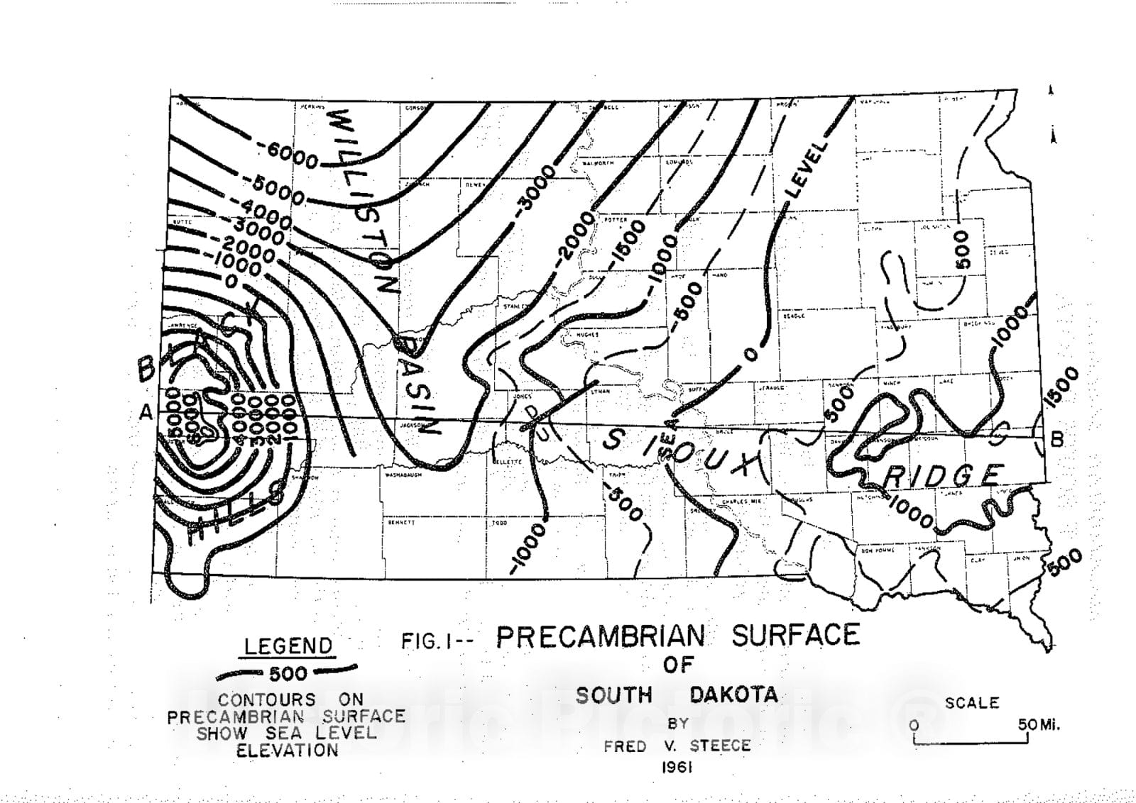Map : Precambrian basement rocks of South Dakota, 1962 Cartography Wall Art :