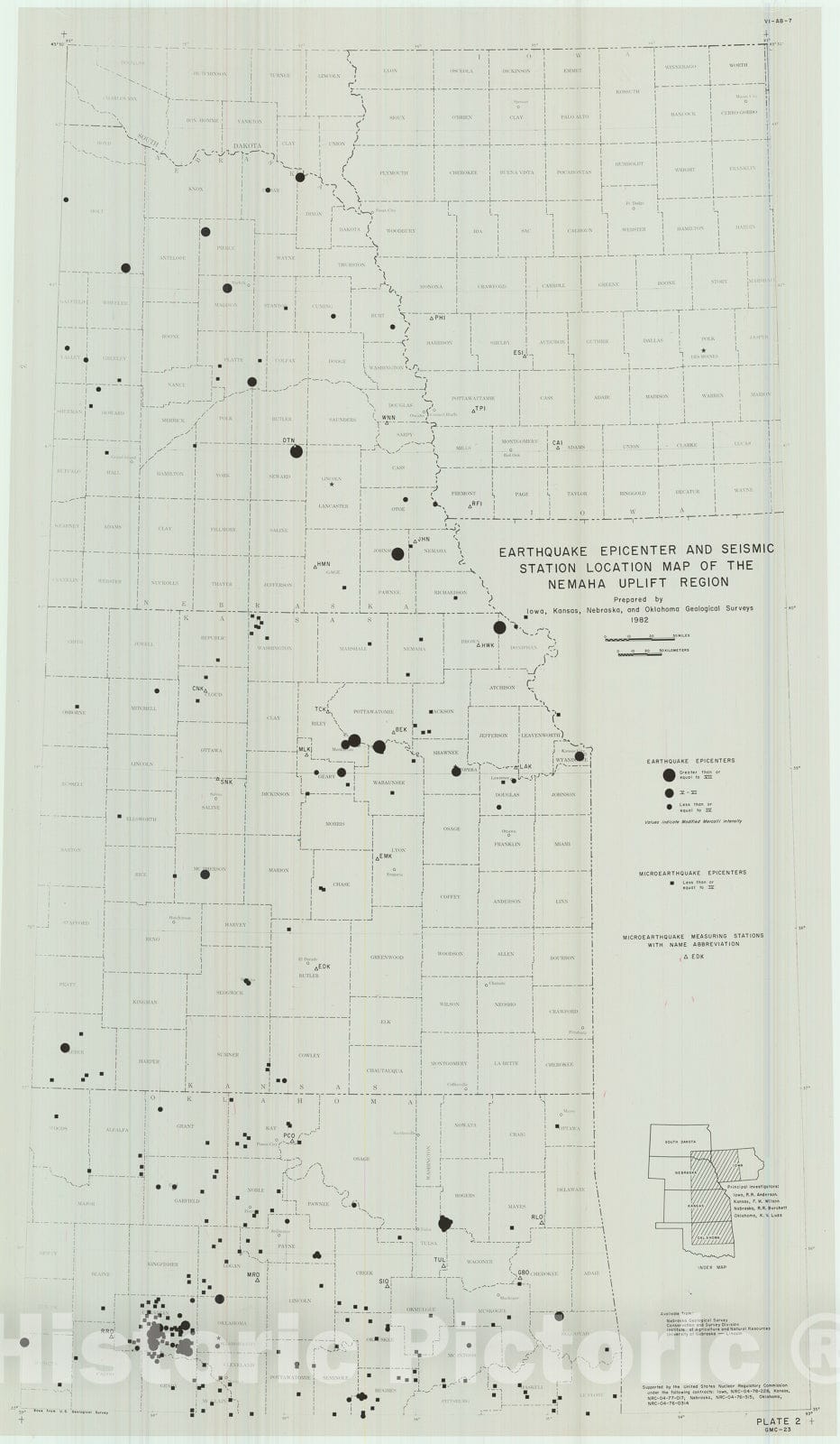 Map : Earthquake epicenters and seismic station location map of the Nemaha uplift region, 1982 Cartography Wall Art :