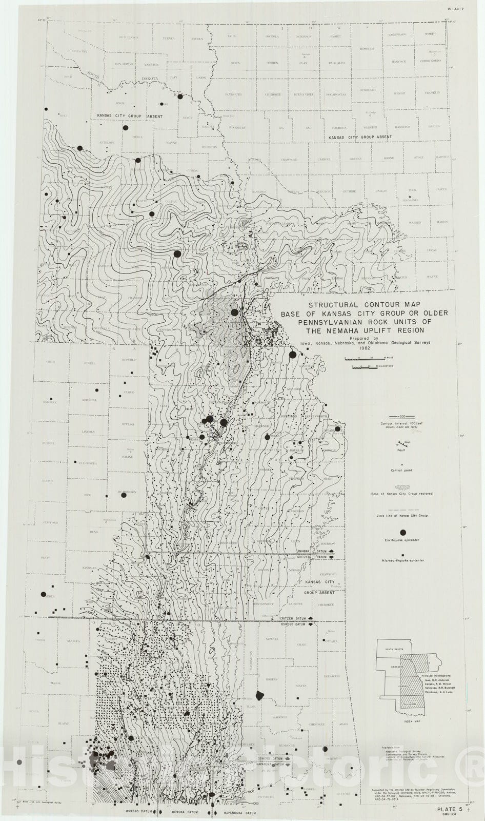 Map : Structural contour map of base of Kansas City Group or older Pennsylvanian rock units of the Nemaha uplift region, 1982 Cartography Wall Art :