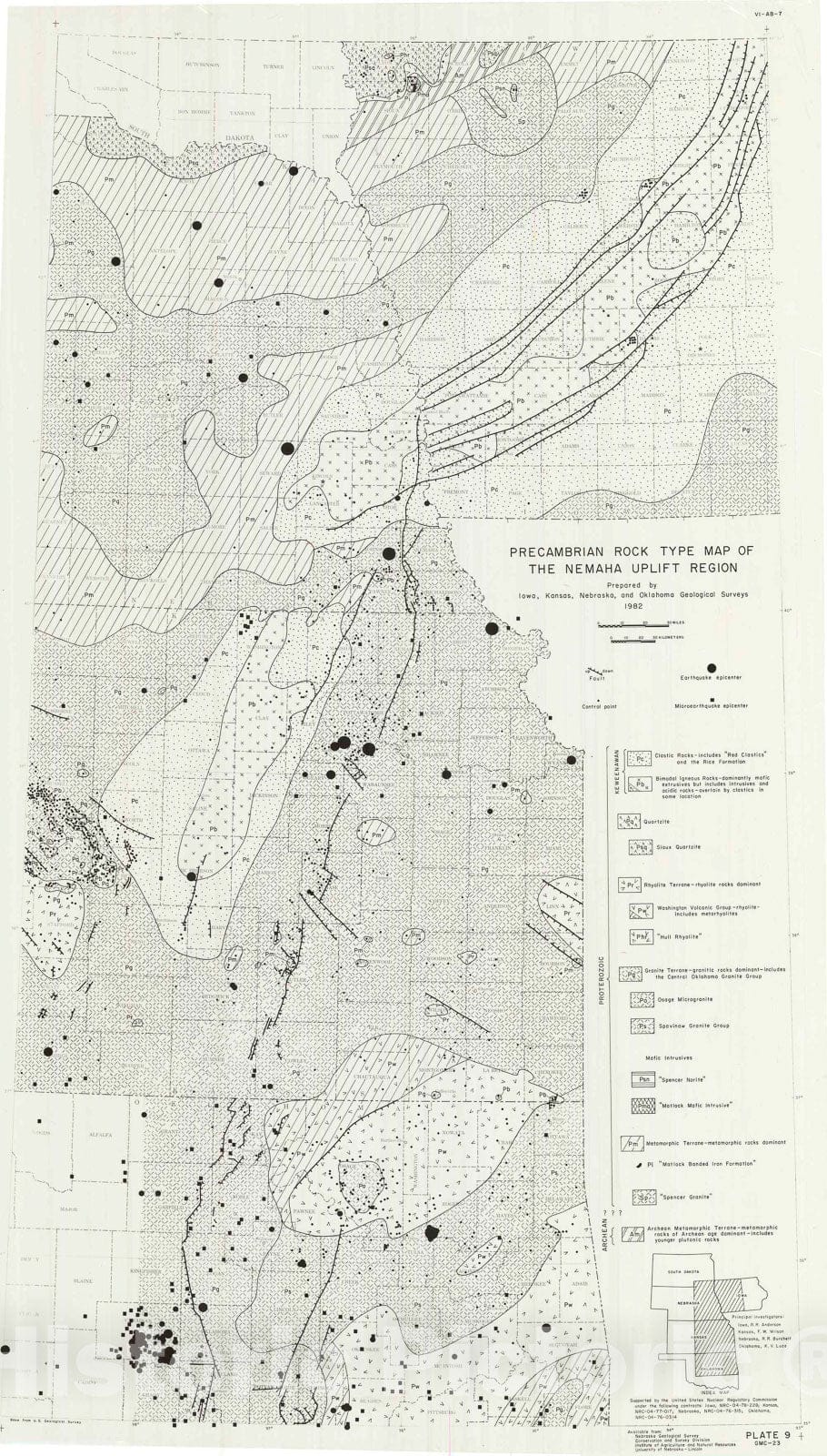 Map : Precambrian rock type map of the Nemaha uplift region, 1982 Cartography Wall Art :