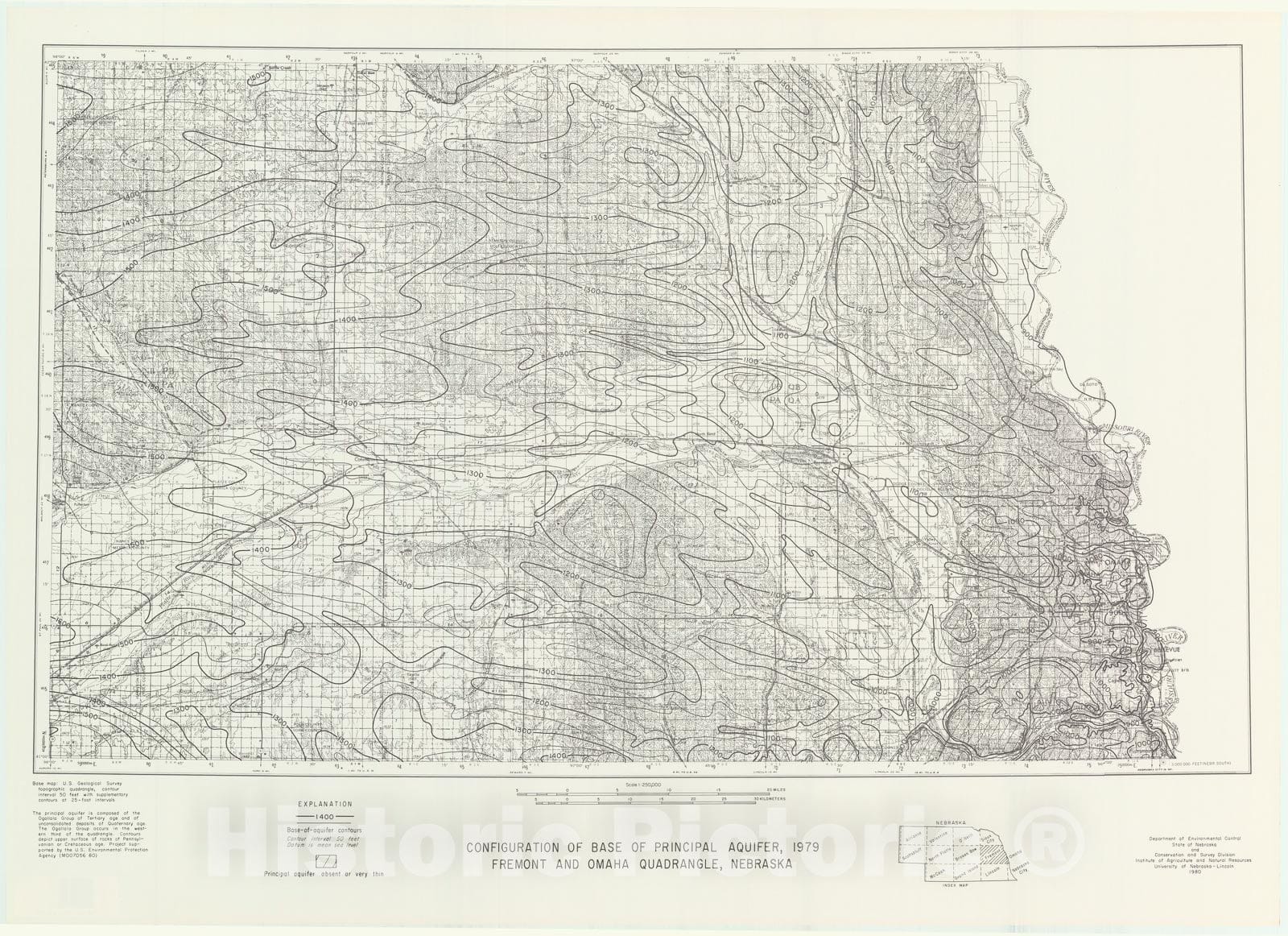 Map : Base of principal aquifer _x005F_x0016_ Fremont/Omaha, 1980 Cartography Wall Art :
