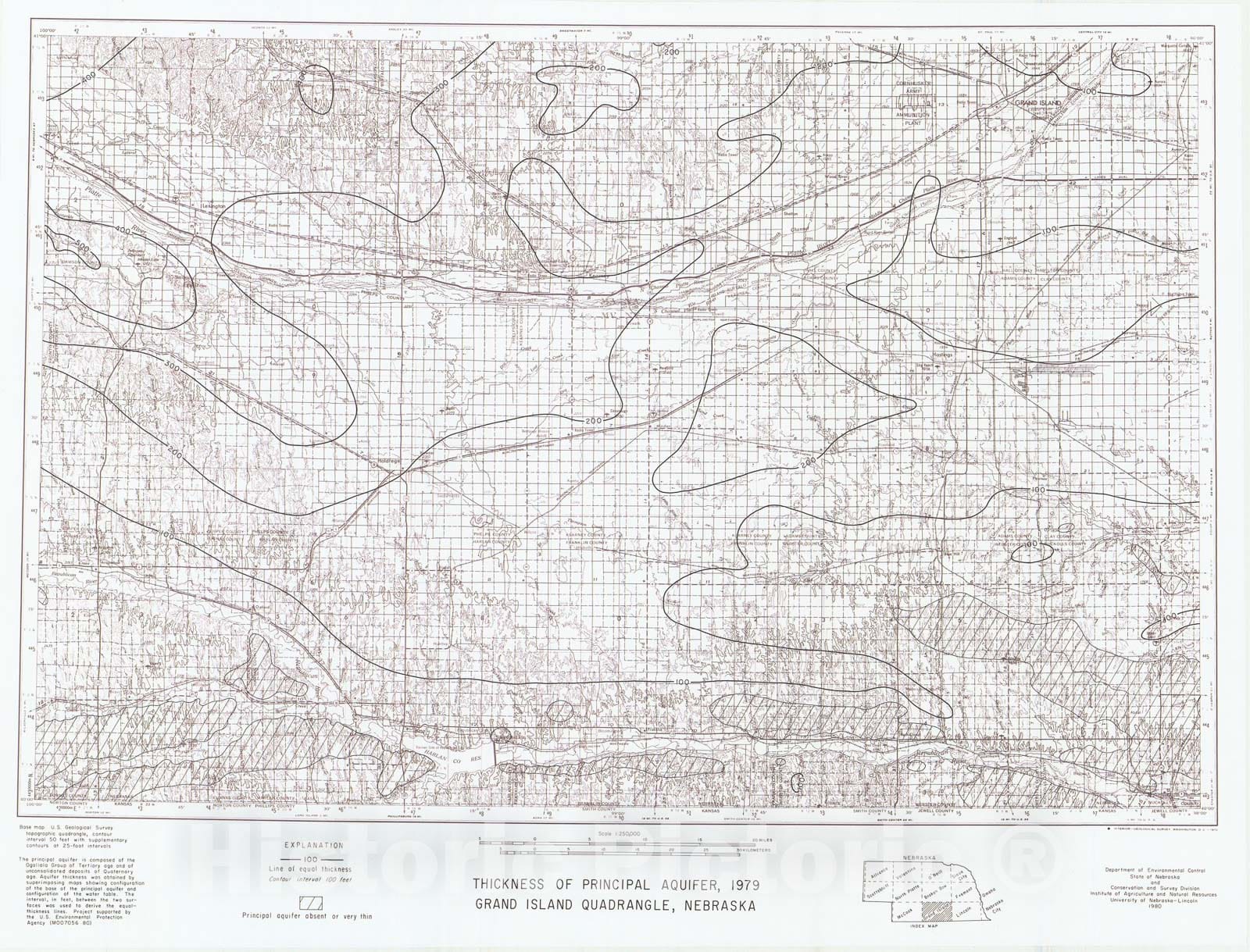 Map : Thickness of principal aquifer _x005F_x0016_ Grand Island, 1980 Cartography Wall Art :