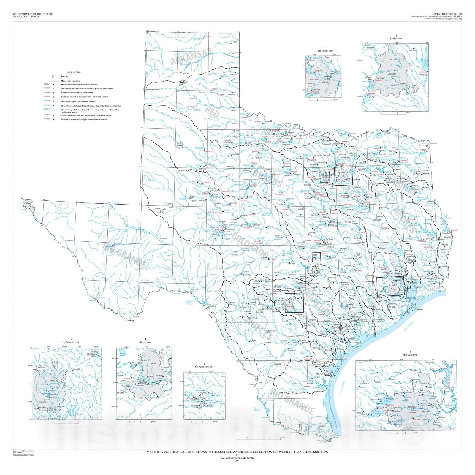 Map : Index of stations -- surface-water data-collection network of Texas, September 1999, 2001 Cartography Wall Art :