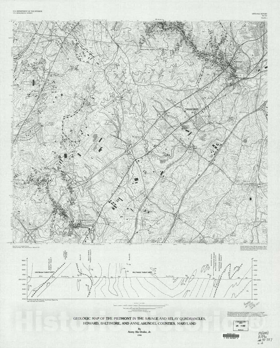 Map : Geologic map of the Piedmont in the Savage and Relay quads, Howard, Baltimore and Anne Arundel Counties, Maryland, 1998 Cartography Wall Art :