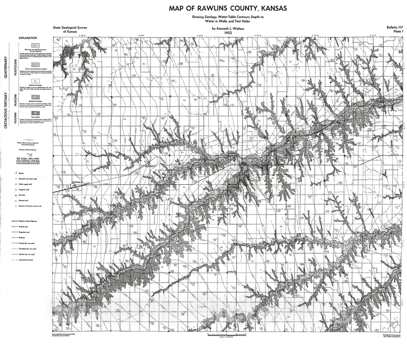 Map : Map of Rawlins County, Kansas, showing geology, water-table contours, depth to water in wells, and test holes, 1952, 1956 Cartography Wall Art :