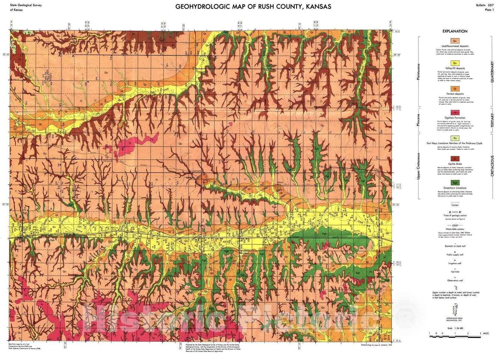 Map : Geohydrologic map of Rush County, Kansas, 1973 Cartography Wall Art :