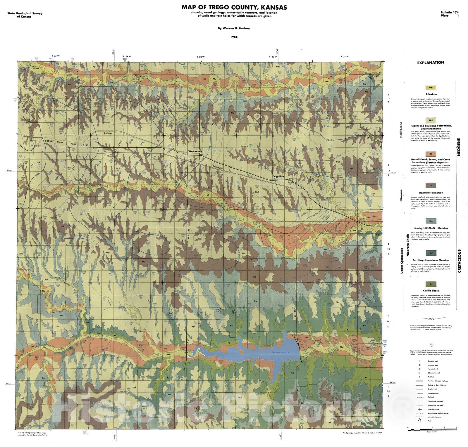 Map : Map of Trego County, Kansas, showing areal geology, water-table contours, and location of wells and test holes for which records are given, 1965 Cartography Wall Art :