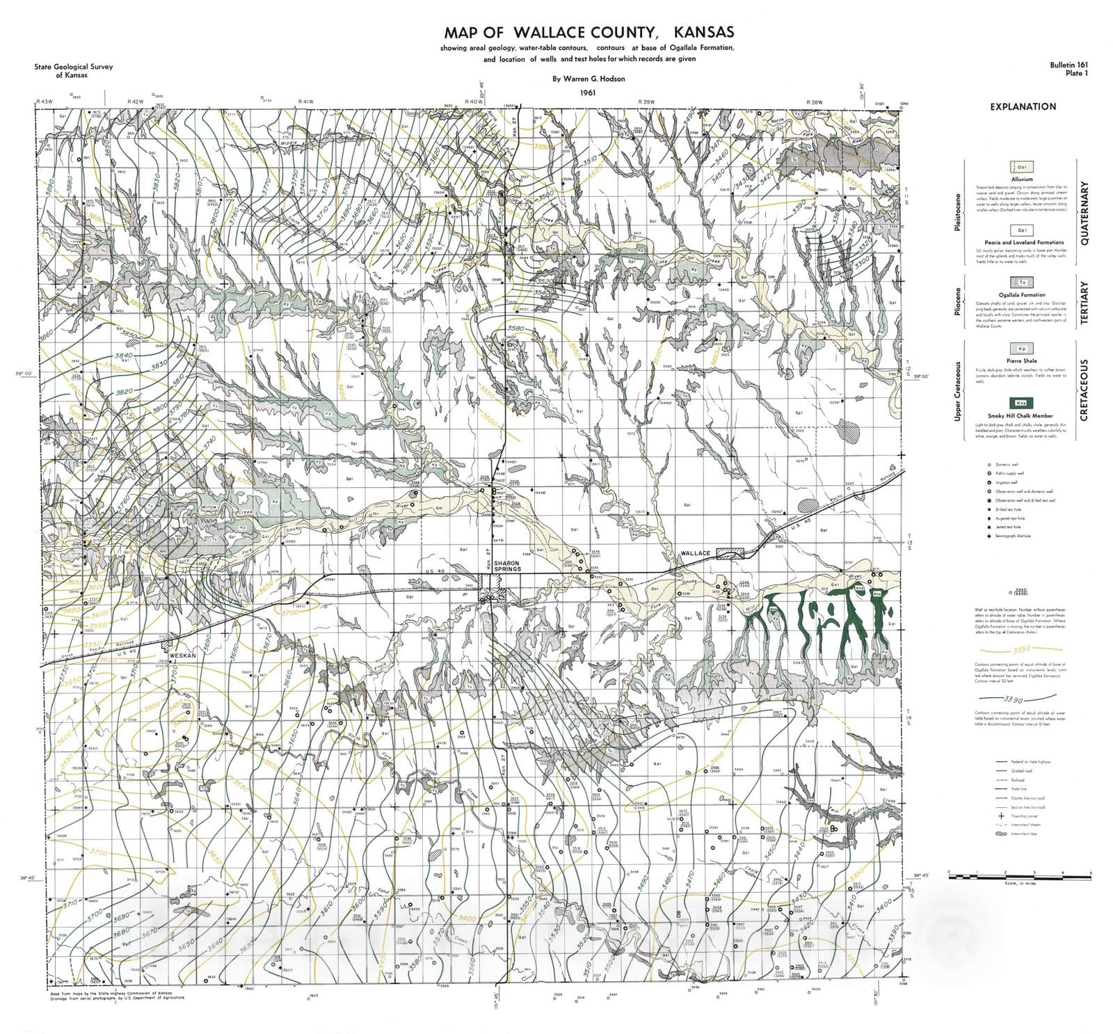 Map : Map of Wallace County, Kansas, showing areal geology, water-table contours, contours at the base of Ogallala Formation, and locati, 1963 Cartography Wall Art :