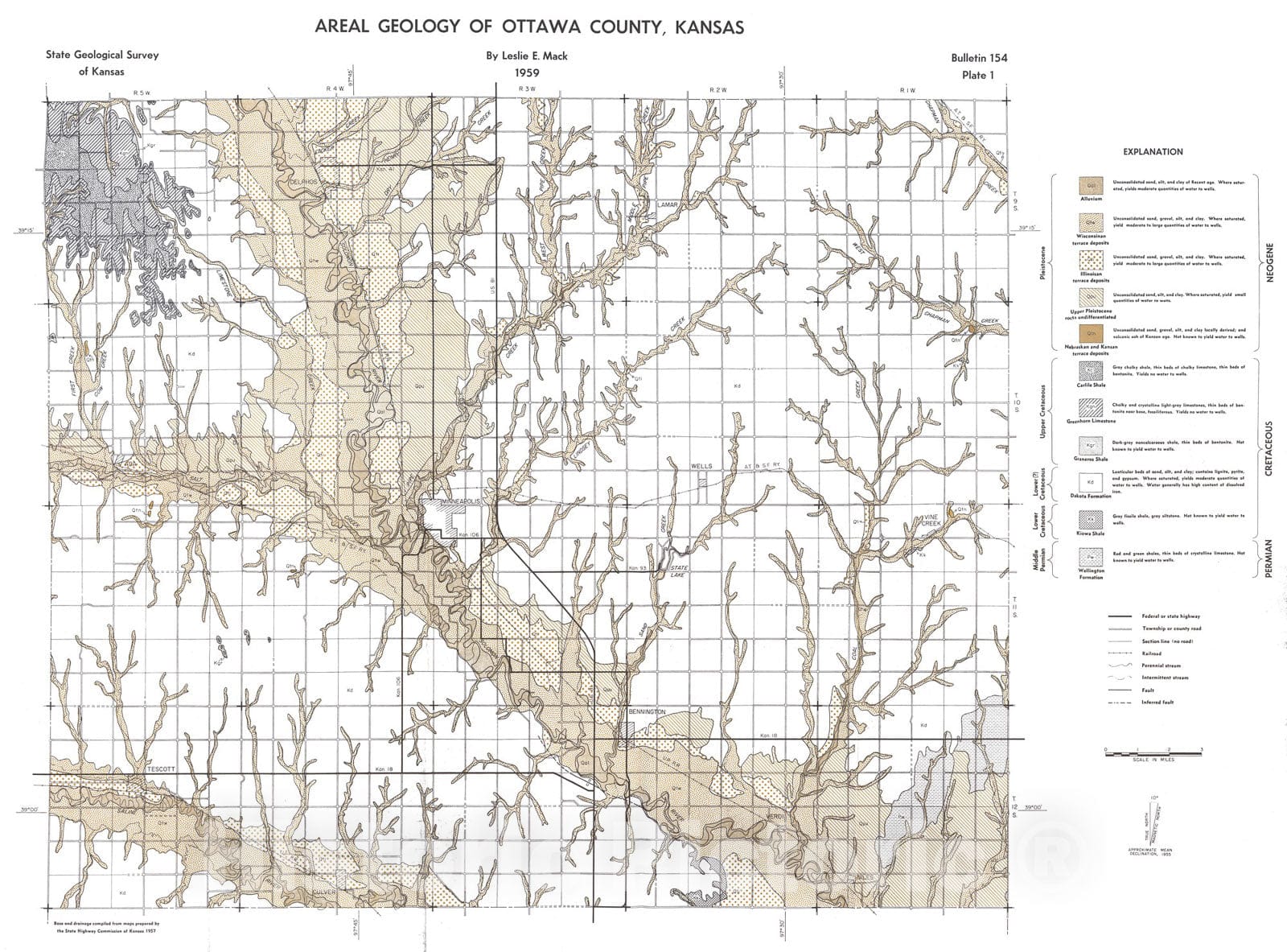 Map : Areal geology of Ottawa County, Kansas, 1959, 1962 Cartography Wall Art :