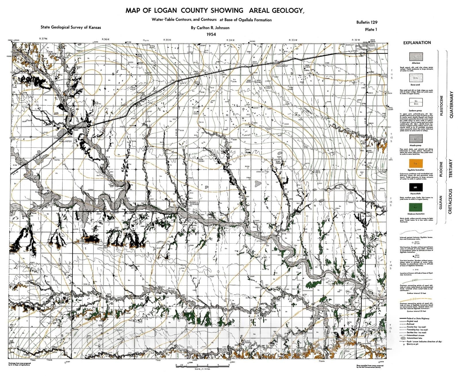 Map : Map of Logan County showing areal geology, water-table contours, and contours at base of Ogallala Formation, 1954, 1958 Cartography Wall Art :