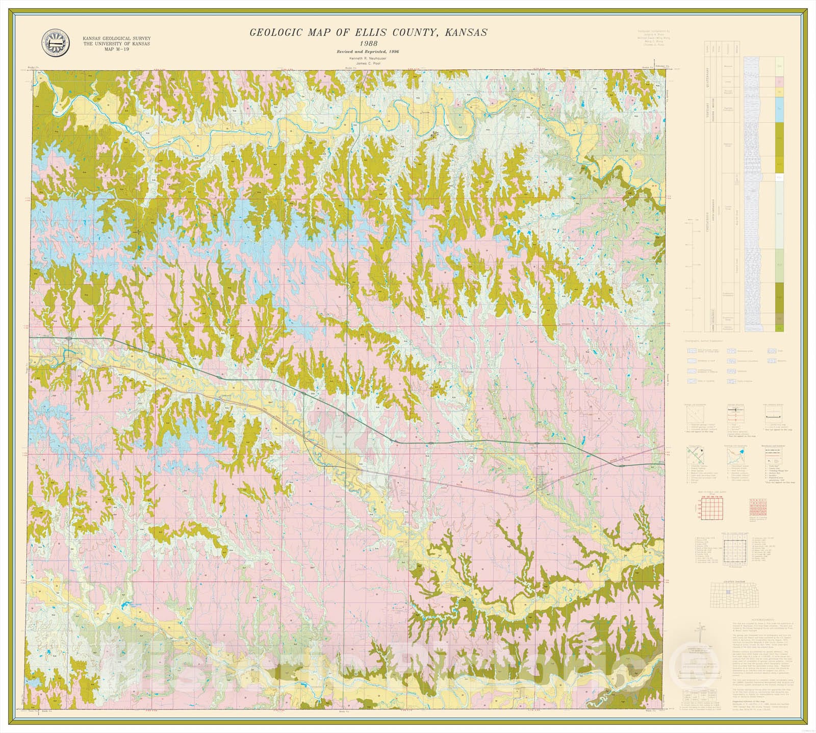 Map : Geologic map of Ellis County, Kansas, 1988 Cartography Wall Art :