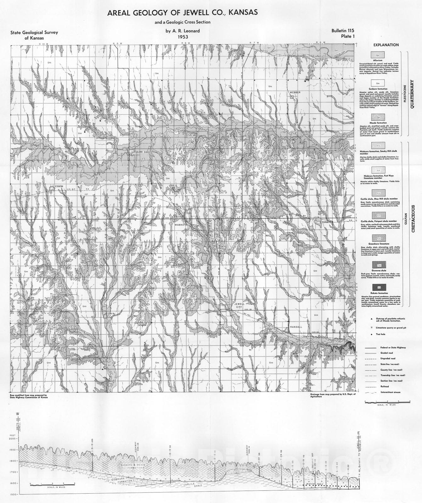 Map : Areal geology of Jewell County, Kansas, and a geologic cross section, 1953, 1955 Cartography Wall Art :