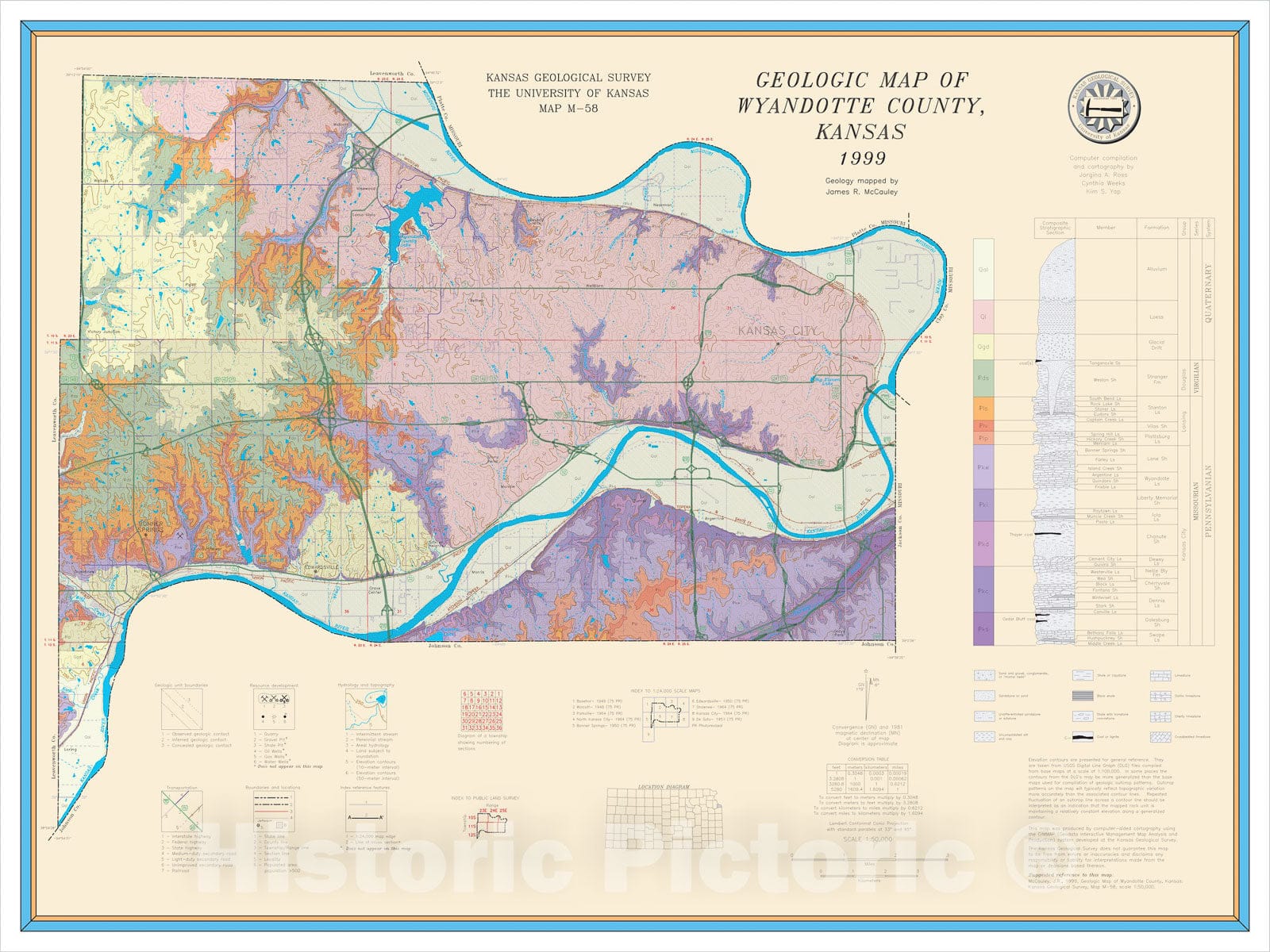 Map : Geologic map of Wyandotte County, Kansas, 1999 Cartography Wall Art :