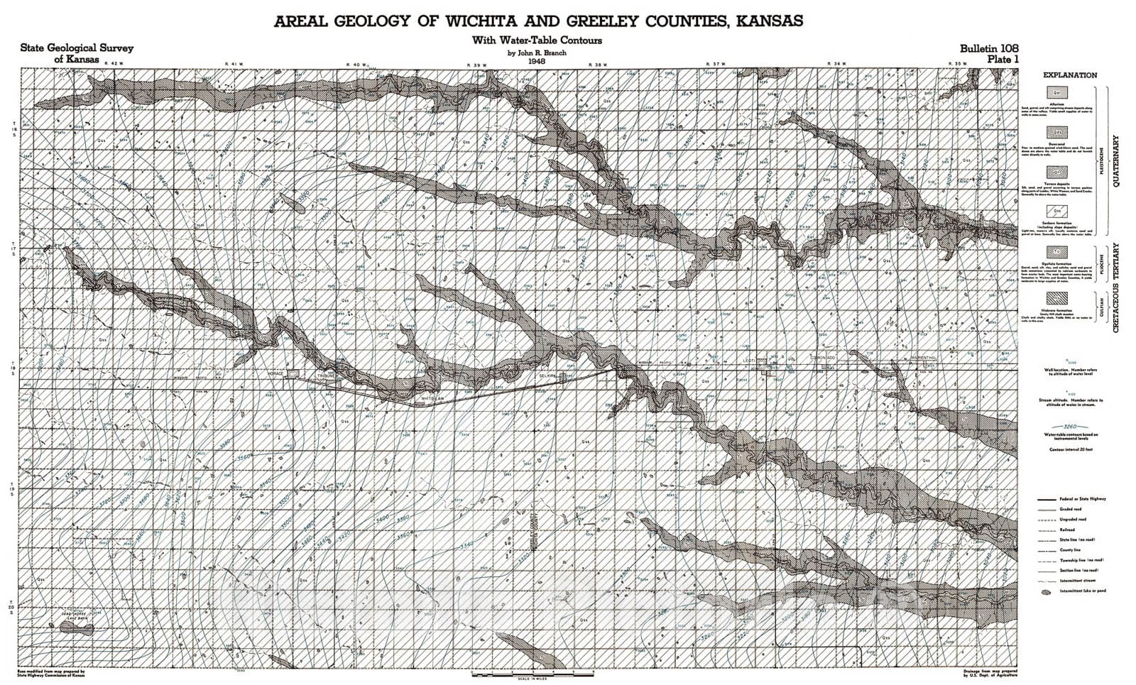 Map : Areal geology of Wichita and Greeley counties, Kansas with water-table contours, 1948, 1954 Cartography Wall Art :
