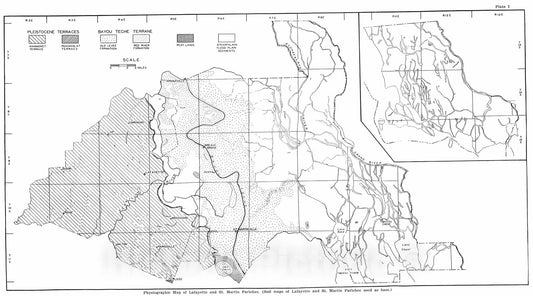 Map : Geology of Lafayette and St. Martin Parishes, 1933 Cartography Wall Art :