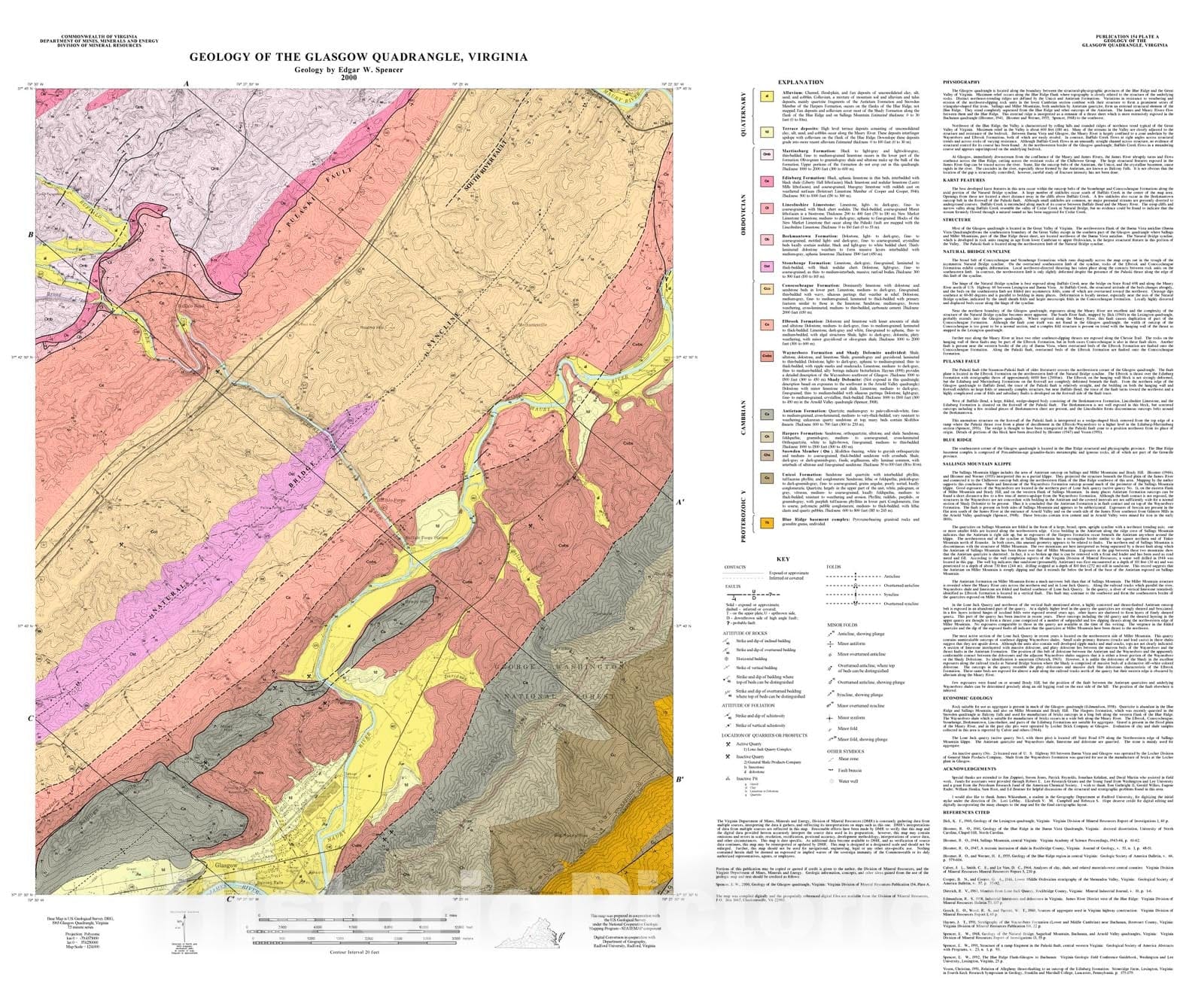 Map : Geology of the Glasgow and Buena Vista quadrangles, Virginia, 2000 Cartography Wall Art :