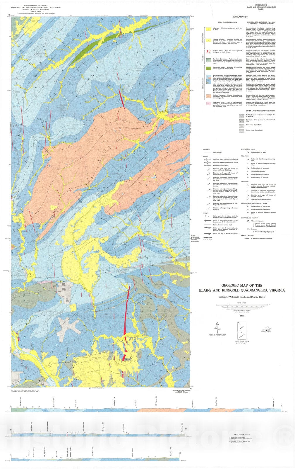 Map : Geology of the Blairs, Mount Hermon, Danville, and Ringgold quadrangles, Virginia, 1977 Cartography Wall Art :