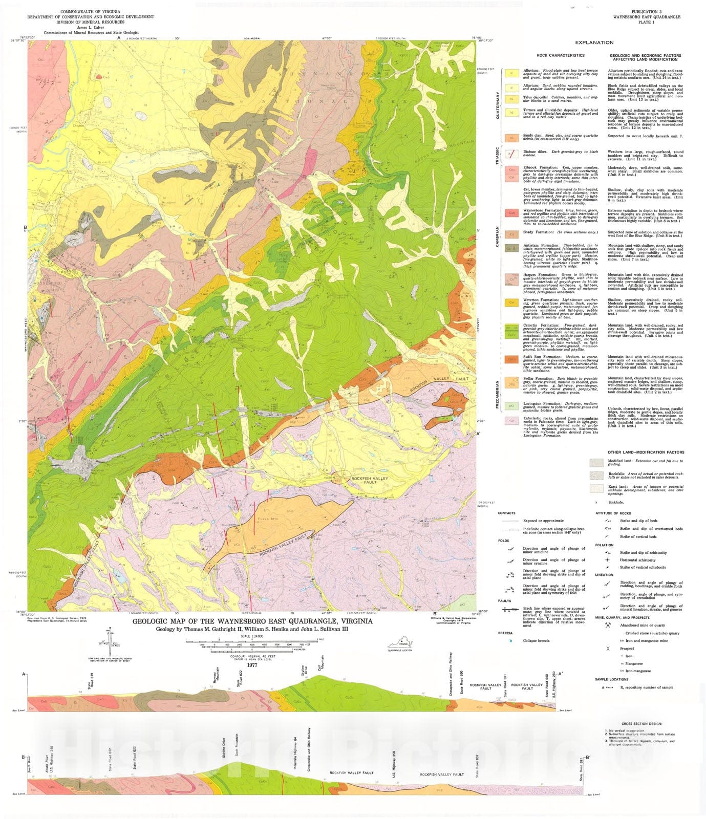 Map : Geology of the Waynesboro East and Waynesboro West quadrangles, Virginia, 1977 Cartography Wall Art :