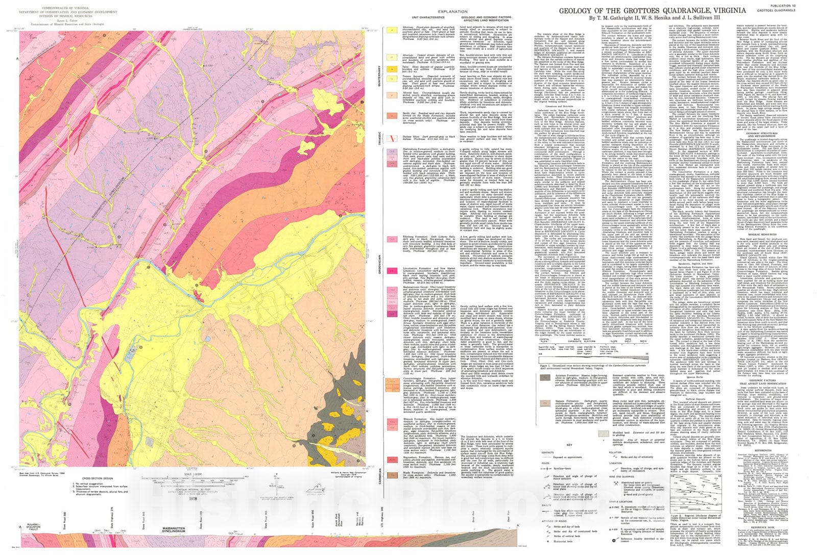 Map : Geology of the Grottoes quadrangle, Virginia, 1978 Cartography Wall Art :