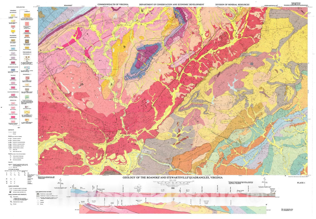 Map : Geology of the Roanoke and Stewartsville quadrangles, Virginia, 1981 Cartography Wall Art :