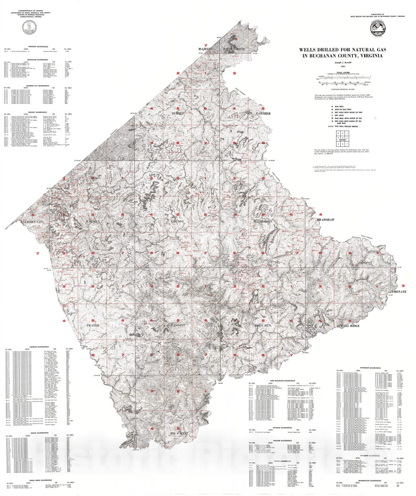 Map : Wells drilled for natural gas in Buchanan County, Virginia, 1985 Cartography Wall Art :