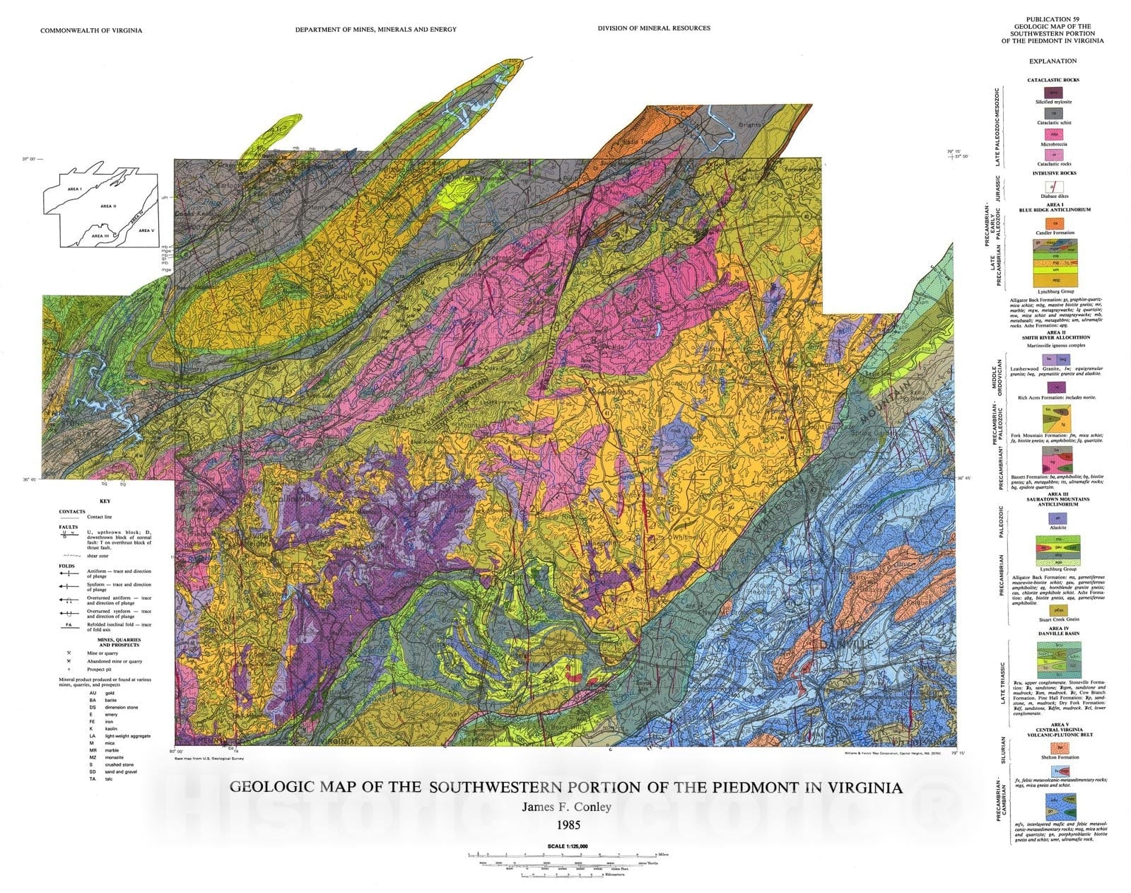 Map : Geology of the southwestern Virginia Piedmont, 1985 Cartography Wall Art :