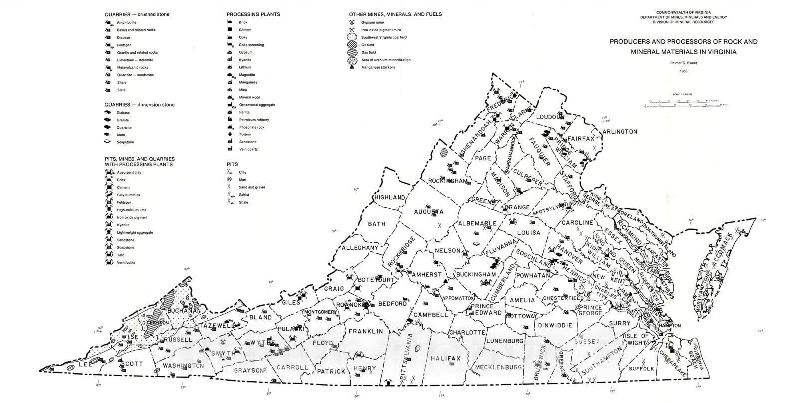 Map : Producers and processors of rock and mineral materials in Virginia (map in Minerals for Virginia), 1985 Cartography Wall Art :