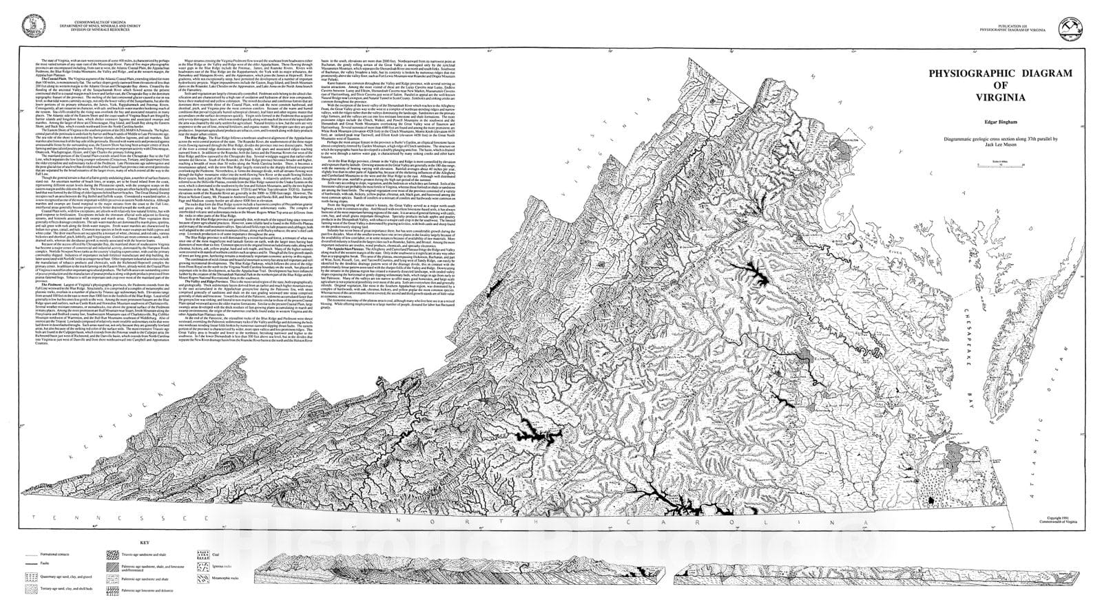Map : Physiographic diagram of Virginia, 1991 Cartography Wall Art :